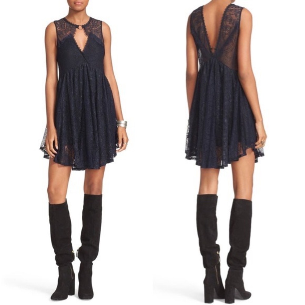 Free People Don’t You Dare Lace Black Navy Lace Shift Dress